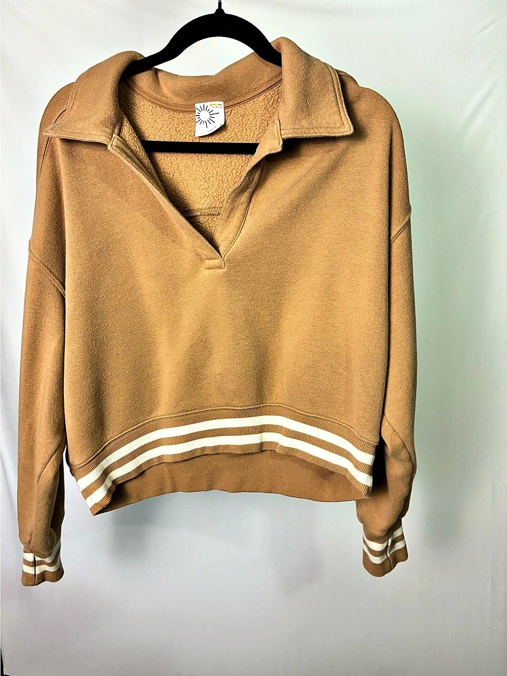 OFFLINE by Aerie Women’s Camel Oversized Collared Sweatshirt Varsity Stripe Pull